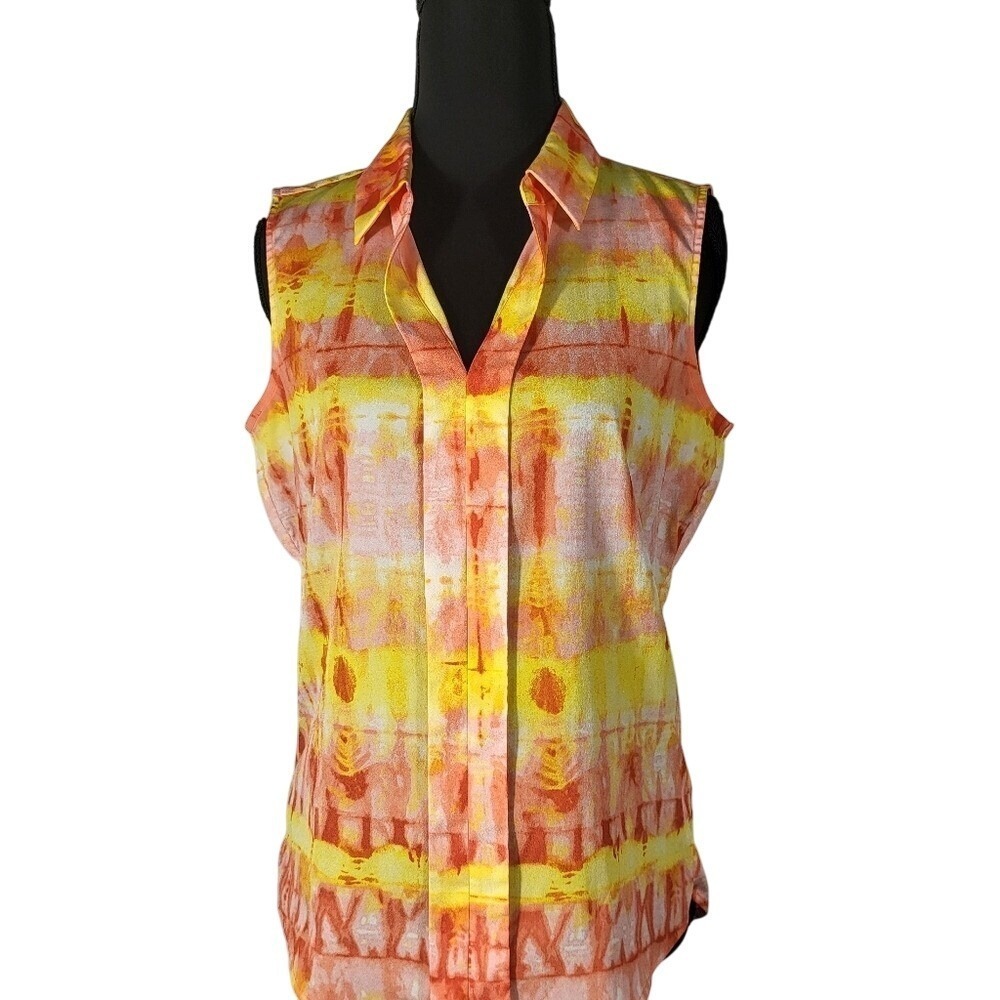 Calvin Klein Women's Orange and Yellow Sleeveless Button-Down Top Size S